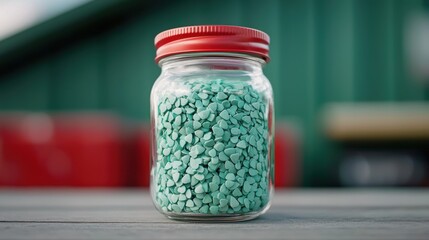 A jar of green candy sits on a wooden table.