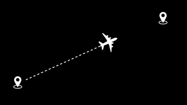 Airplane line path, Travel on airplane with location map animation isolated on Black Background
