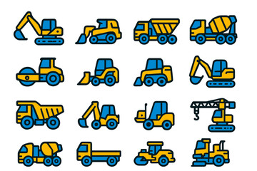 Naklejka premium A modern flat style collection of 16 construction vehicle icons, the Construction Vehicles Icon Set features yellow and blue colors to create a bold and eye-catching visual