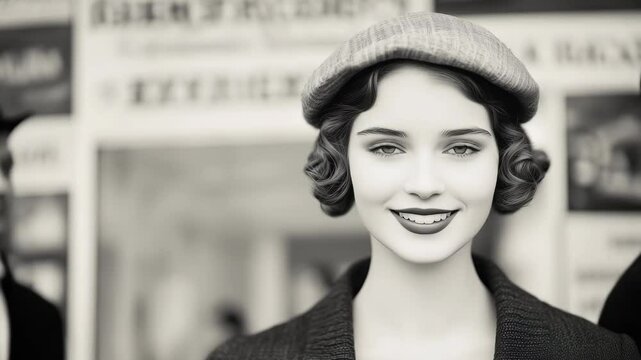 A woman in a vintage hat smiles warmly while surrounded by stylsih people in a bustling city environment from the 1920s