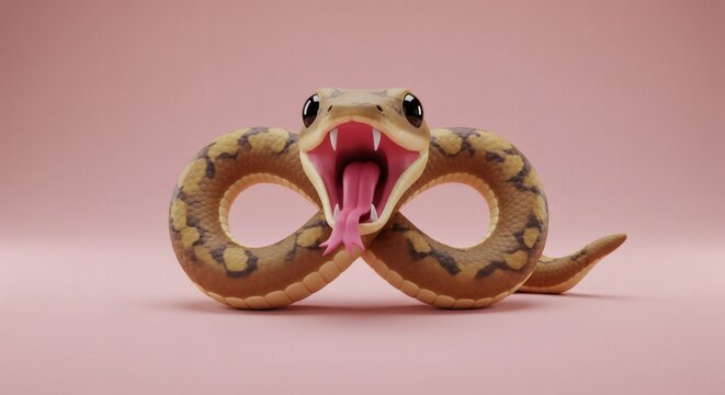 Stylized snake with open mouth showing fangs and pink bifid tongue curling outwards