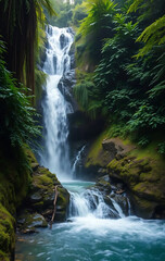 Obraz premium A Peaceful Waterfall Surrounded by Lush Greenery