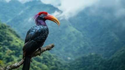 Fototapeta premium Photo of a purple Indian hornbill, perched on a branch in a mountain background.