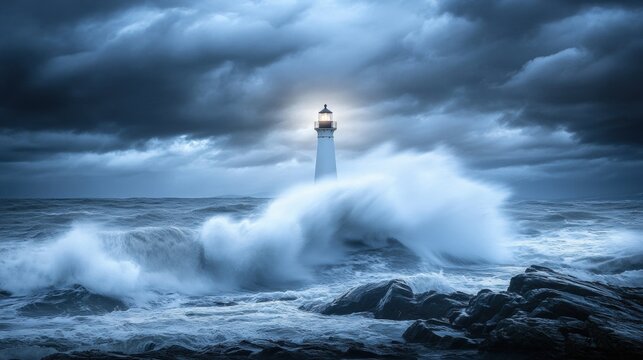 Lighthouse beacon illuminates stormy seas.