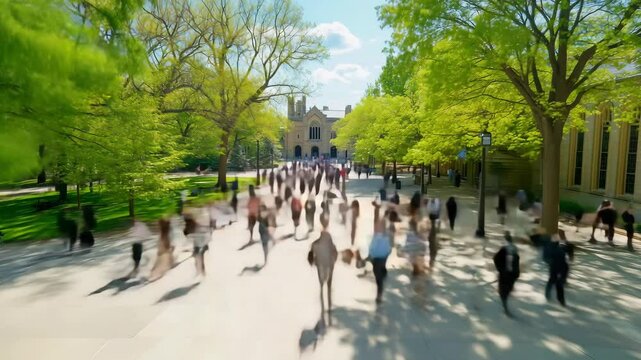 Students and visitors stroll through a lively university campus filled with trees and blooming flowers during a sunny spring afternoon