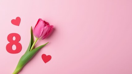 Fototapeta premium Pink Tulip With Number Eight On Pink