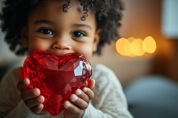 Subtle smile face cute black child boy with big diamond heart in hands. Valentine's day greeting and funny gift. Toddler playing with red heart. Valentine's day kid fun. Adorable baby in red.