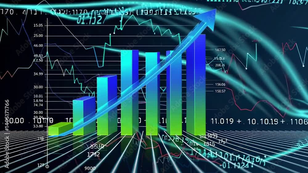 Aufkleber Colorful 3d bar graph representing financial growth, displaying increasing values with dynamic market data and upward pointing arrow