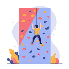 Naklejka premium Rock Climber Ascending Colorful Climbing Wall with Abstract Background 