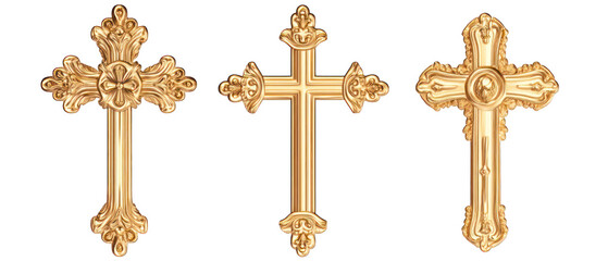 Set of golden Christian crosses isolated on transparent background
