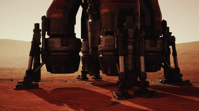 A Martian base features robust landing gear planted on the reddish terrain, showcasing advanced technology. The environment is stark with distant hills under a beige sky.