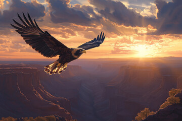 Obraz premium Majestic Bird Soaring Over Canyon at Sunset