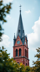 A view of a large red brick cathedral with a tall spire.