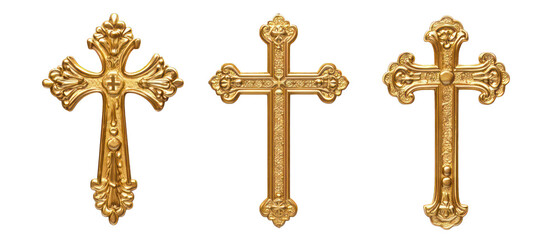Set of golden Christian crosses isolated on transparent background