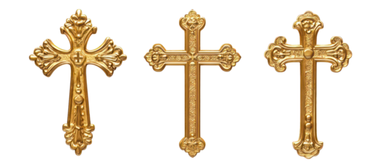 Set of golden Christian crosses isolated on transparent background