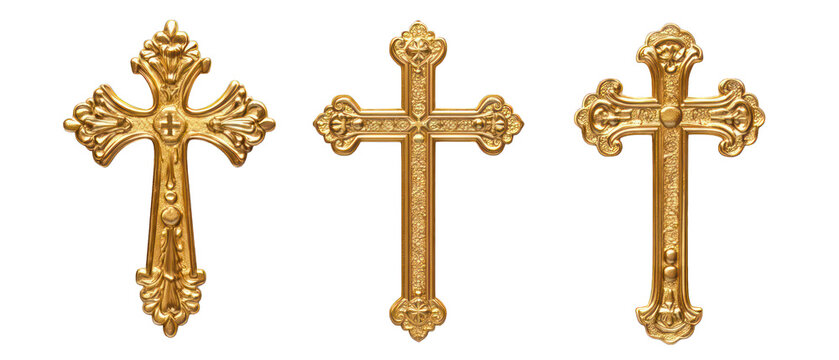 Set of golden Christian crosses isolated on transparent background