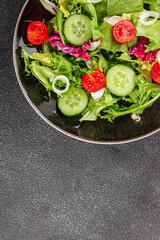 Salad vegetable tomato, cucumber, lettuce, green leaf lettuce, onion appetizer vegetable dish fresh gourmet food background rustic food top view copy space keto and paleo diet vegetarian vegan food