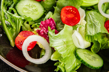Salad vegetable tomato, cucumber, lettuce, green leaf lettuce, onion appetizer vegetable dish fresh gourmet food background rustic food top view copy space keto and paleo diet vegetarian vegan food