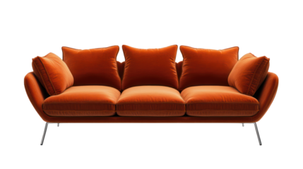 A clean and sleek orange modern sofa with a minimalist isolated on transparent background