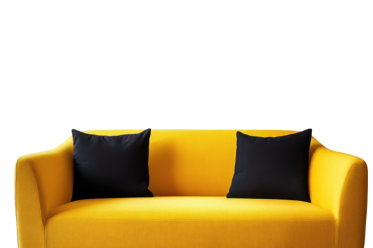 A clean and sleek yellow modern sofa with a minimalist isolated on transparent background - Powered by Adobe
