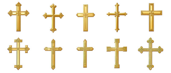 Set of golden Christian crosses isolated on transparent background