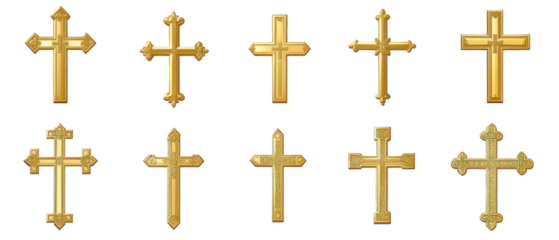 Set of golden Christian crosses isolated on transparent background