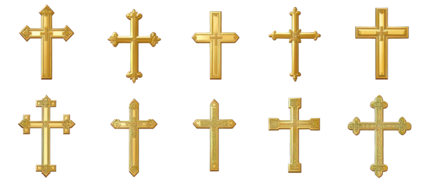 Set of golden Christian crosses isolated on transparent background