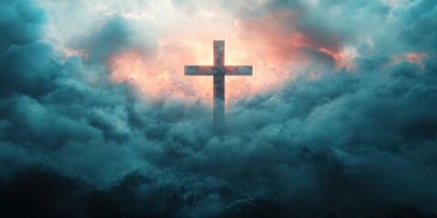 Majestic cross rising through clouds at dawn, symbolizing hope and faith in a serene landscape