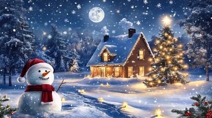 Obraz premium Festive snowman, snowy cabin, Christmas tree, winter wonderland.