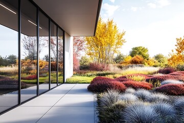 Obraz premium A sleek, minimalist home with large windows offering a clear view of a colorful garden with wild grasses, shrubs, and tall trees