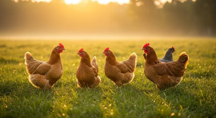 Fototapeta premium Golden Hour Serenity: A Flock of Chickens Grazing in a Sun-Kissed Meadow