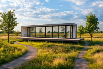 Fototapeta premium A sleek, modern cottage with expansive windows offering views of a surrounding meadow with scattered trees and wooden walking paths