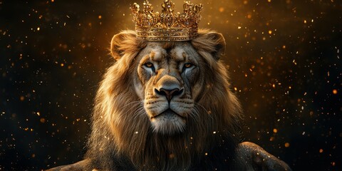 Majestic lion crowned with a royal crown exuding power in a dark, enchanting atmosphere