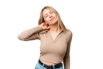 Young pretty blonde woman over isolated chroma key background with neckache