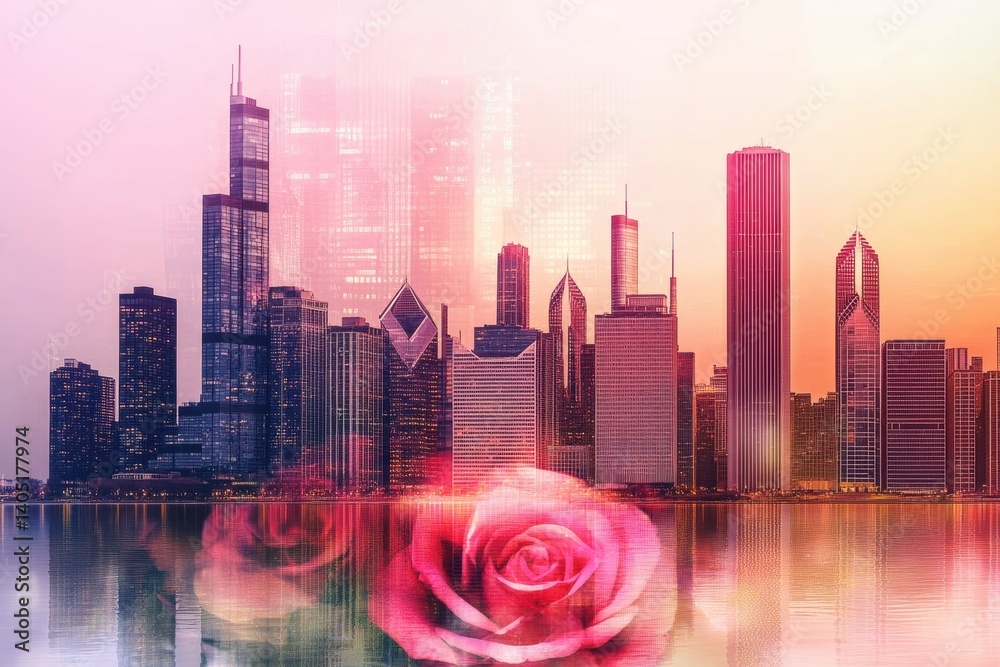 Poster modern city skyline with overlay of polling chart data illustrating political analysis trends and in