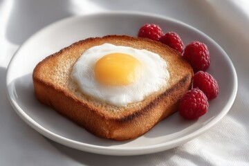 Toast with egg yolk served with red grapes and strawberries on white ceramic plate in shadowed surface composition ideal for rustic gourmet breakfast visuals and stock food photography usage