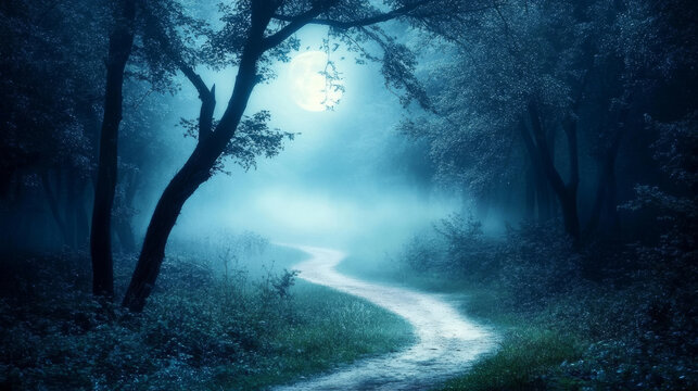 A shadowy forest with a winding path disappearing into fog