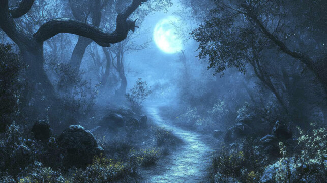 A shadowy forest with a winding path disappearing into fog