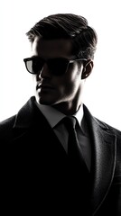 Obraz premium a photorealistic man in a dark suit emerging from shadows, mysterious atmosphere, cinematic lighting, high detail, isolated on white background