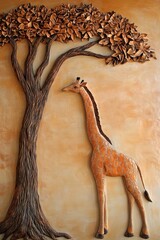 Fototapeta premium 3D textured painting of a giraffe standing under a tree with orange tones