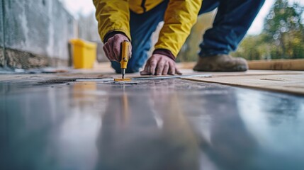 Surveyor measuring the foundation of a building. Featuring land surveying and construction planning