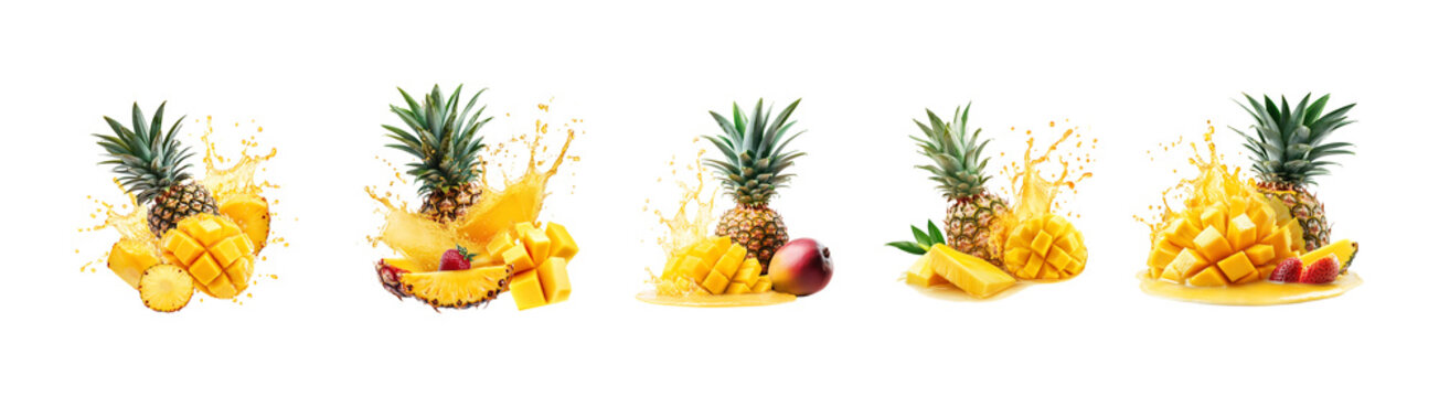 Tropical Fruit Splash - Ripe pineapple and mango bursting with juice splash. Ideal for summer beverage graphics and exotic designs.