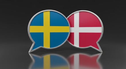 Obraz premium Sweden and Denmark dialog, glossy 3D speech bubbles with flags, silver borders