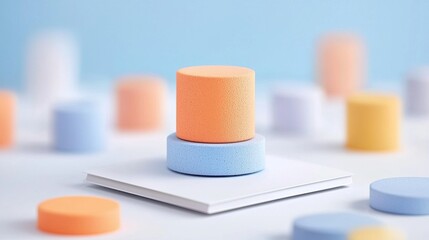 Fototapeta premium A stack of three foam balls in orange, blue, and yellow sits on a white surface.