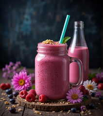 Fresh Berry Smoothie with Granola and Mint.