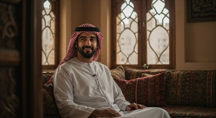 Smiling man in traditional attire sitting in a cozy interior  