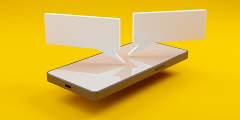 Mobile phone with two empty speech bubbles floating on yellow background with copy space