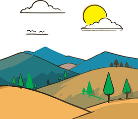 Flat Style Landscape with Hills, Trees, and Sun