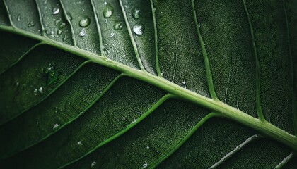 Beautiful details of moody dark green plant leaf with raindrops Vein and texture of a large leaf Natural abstract background
