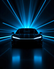 Naklejka premium black sports car in tunnel with motion blur and neon light, 3d illustration